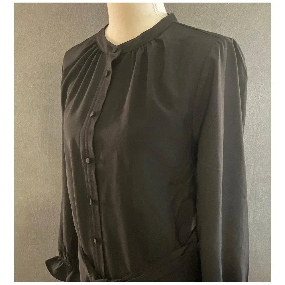 J.Crew‎ Black Button Front Midi Shirt Dress with Tie Waist and Ruffle Cuffs S